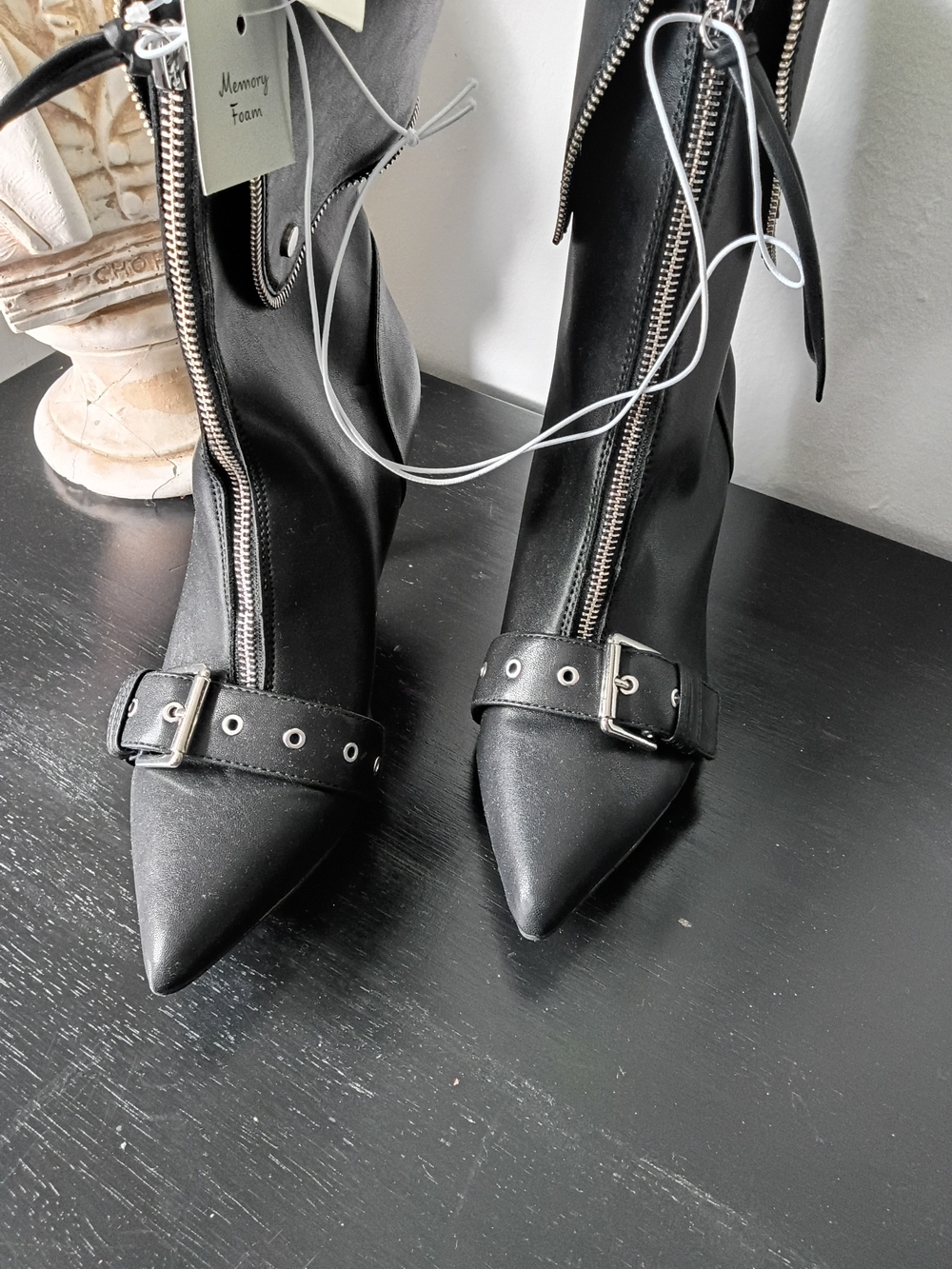 Women's Black Pointed Toe Ankle Booties with Front Buckle and Zipper